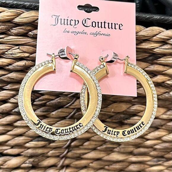JUICY COUTURE RHINESTONE EMBELLISHED‎ GOLD TONE HOOP EARRINGS NWT - Picture 1 of 3